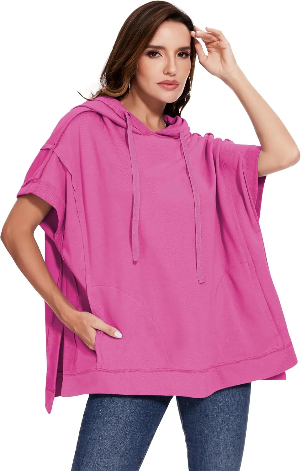 Anna-Kaci Womens Oversized Short Sleeve Hoodie Side Slits Pullover Sweater Top