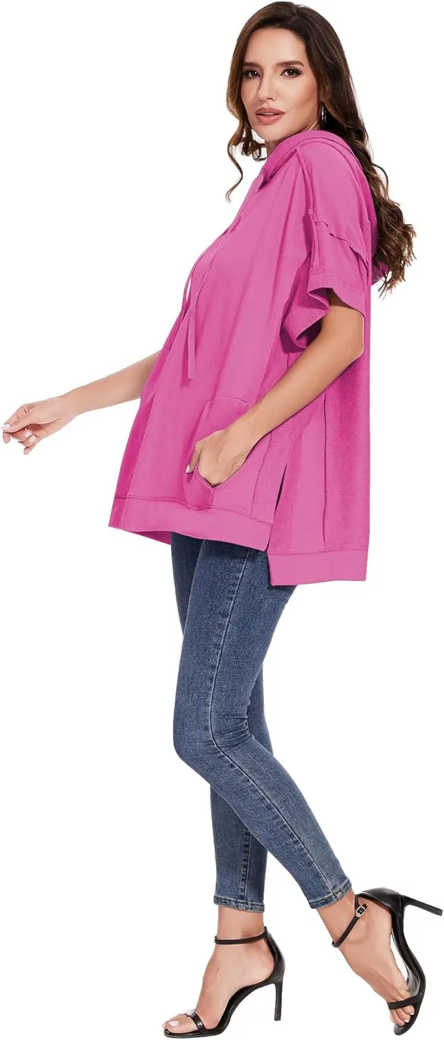 Anna-Kaci Womens Oversized Short Sleeve Hoodie Side Slits Pullover Sweater Top