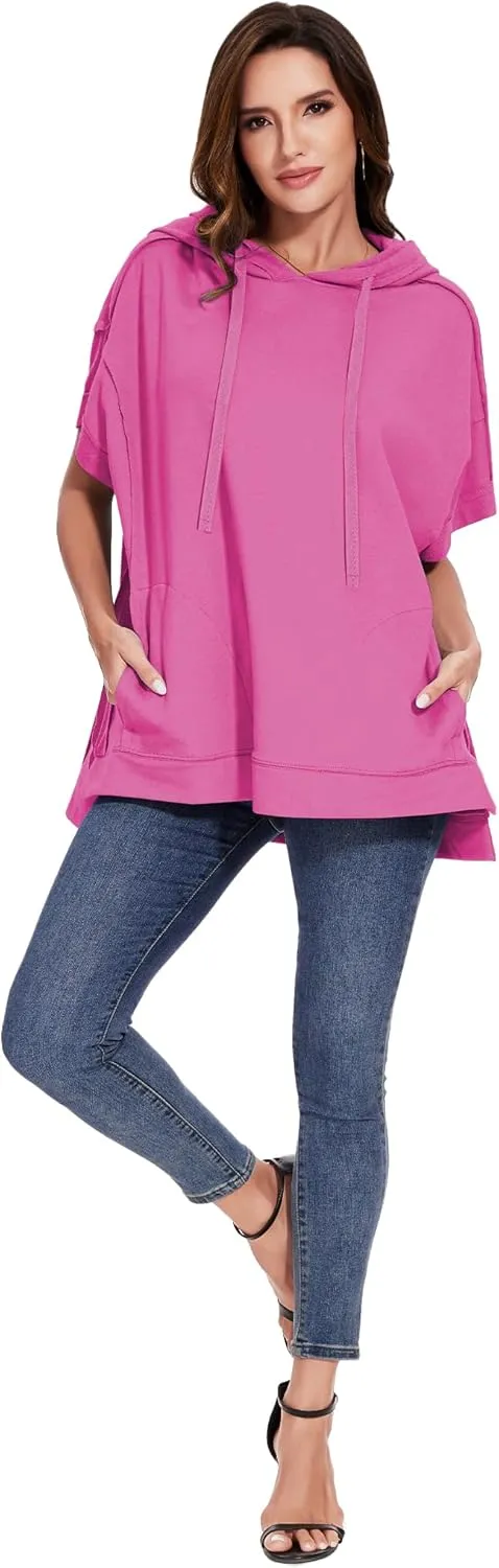Anna-Kaci Womens Oversized Short Sleeve Hoodie Side Slits Pullover Sweater Top