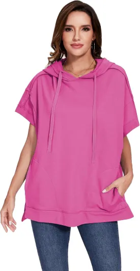 Anna-Kaci Womens Oversized Short Sleeve Hoodie Side Slits Pullover Sweater Top