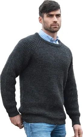 Aran Crafts Men's Fisherman Irish Rib Crew Neck Wool Sweater (100% Pure Wool)
