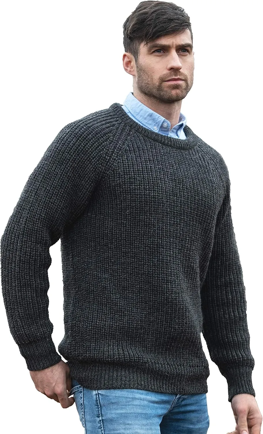 Aran Crafts Men's Fisherman Irish Rib Crew Neck Wool Sweater (100% Pure Wool)