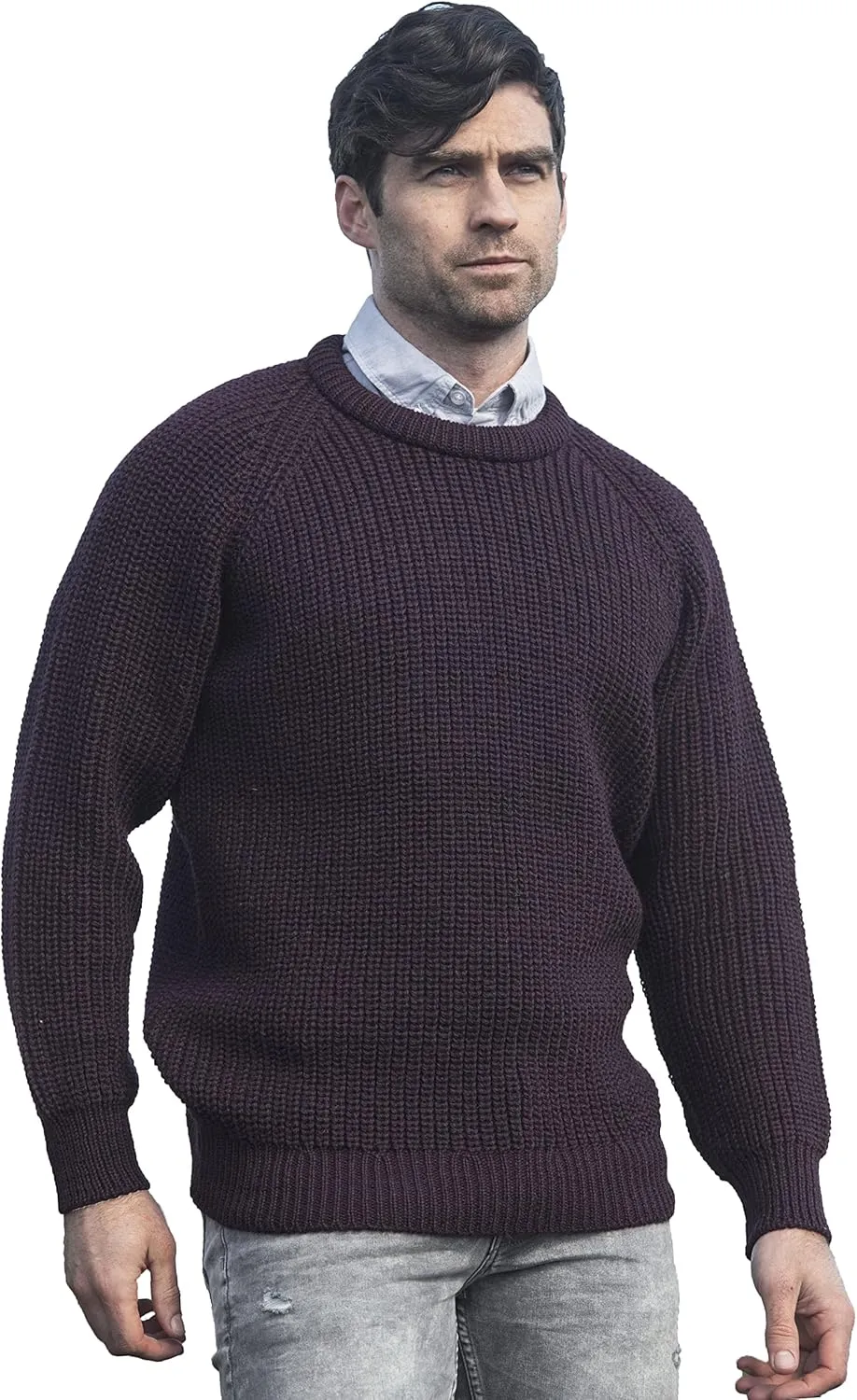 Aran Crafts Men's Fisherman Irish Rib Crew Neck Wool Sweater (100% Pure Wool)