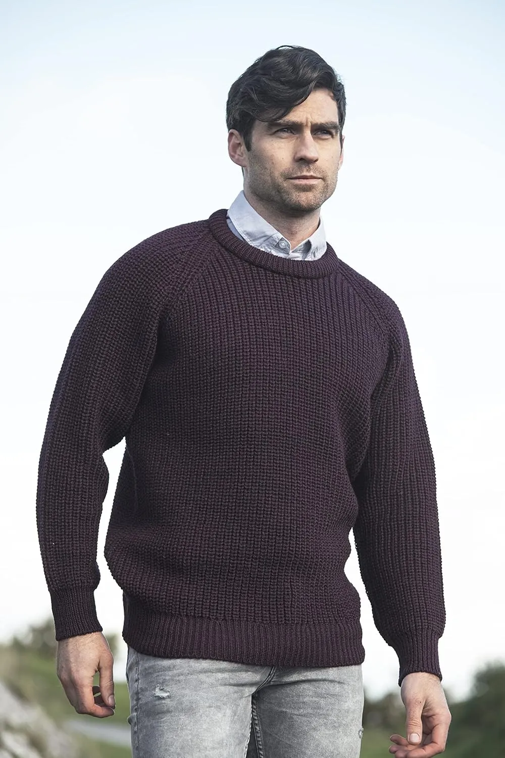 Aran Crafts Men's Fisherman Irish Rib Crew Neck Wool Sweater (100% Pure Wool)