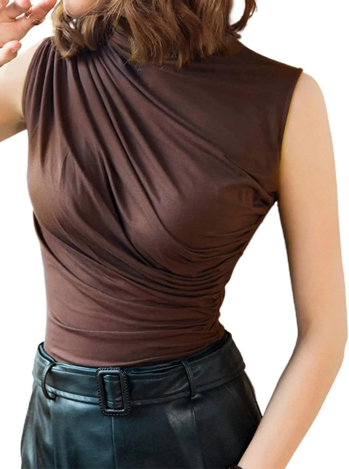 Avanova Women Fitted Sleeveless Ruched Tank Top Shirt Mock Turtleneck Blouses