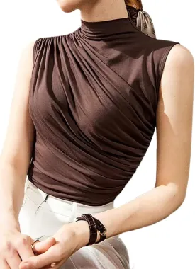 Avanova Women Fitted Sleeveless Ruched Tank Top Shirt Mock Turtleneck Blouses