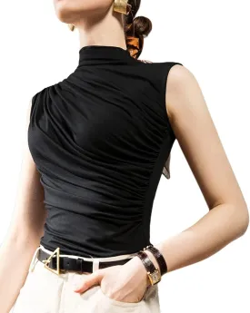 Avanova Women Fitted Sleeveless Ruched Tank Top Shirt Mock Turtleneck Blouses