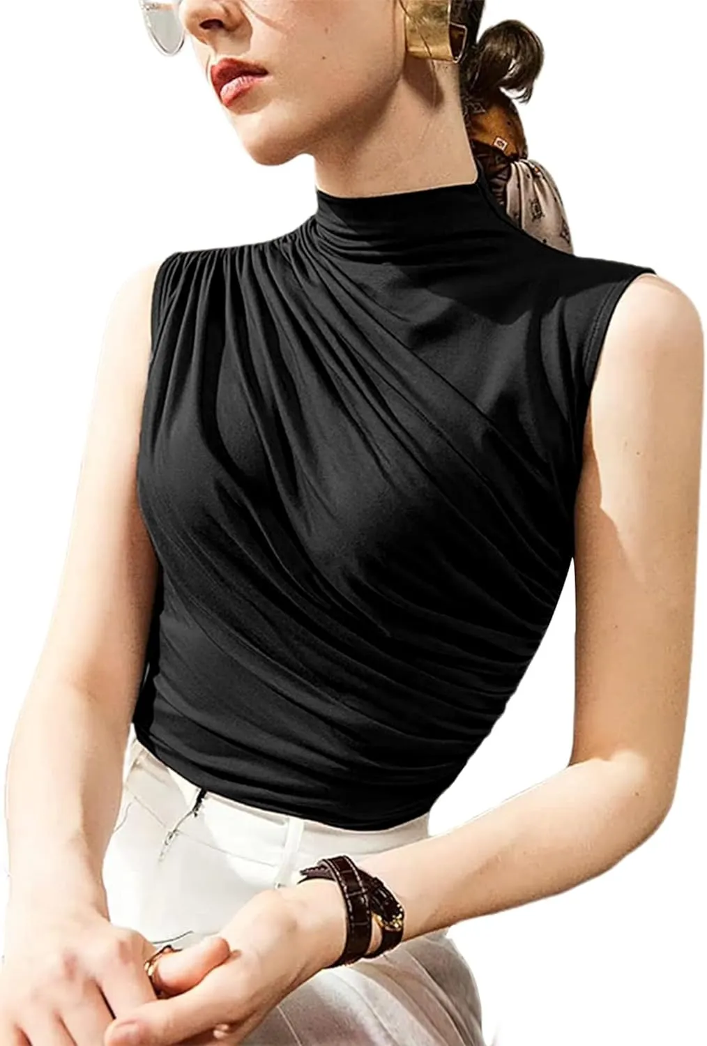 Avanova Women Fitted Sleeveless Ruched Tank Top Shirt Mock Turtleneck Blouses