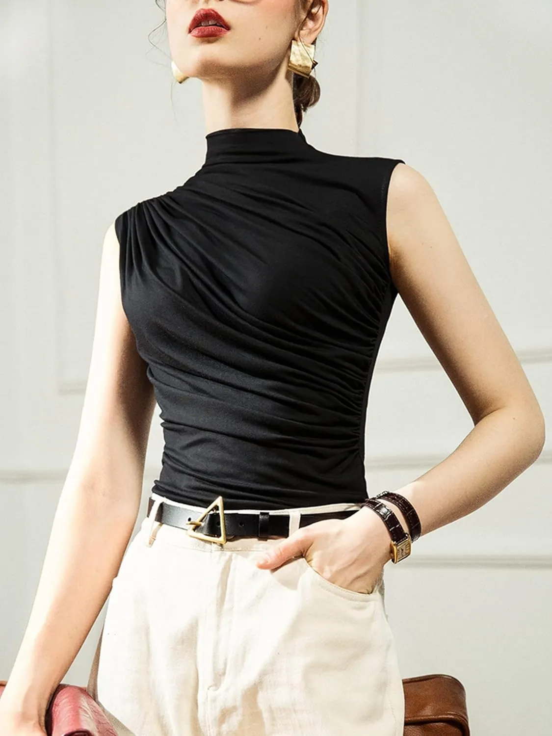 Avanova Women Fitted Sleeveless Ruched Tank Top Shirt Mock Turtleneck Blouses