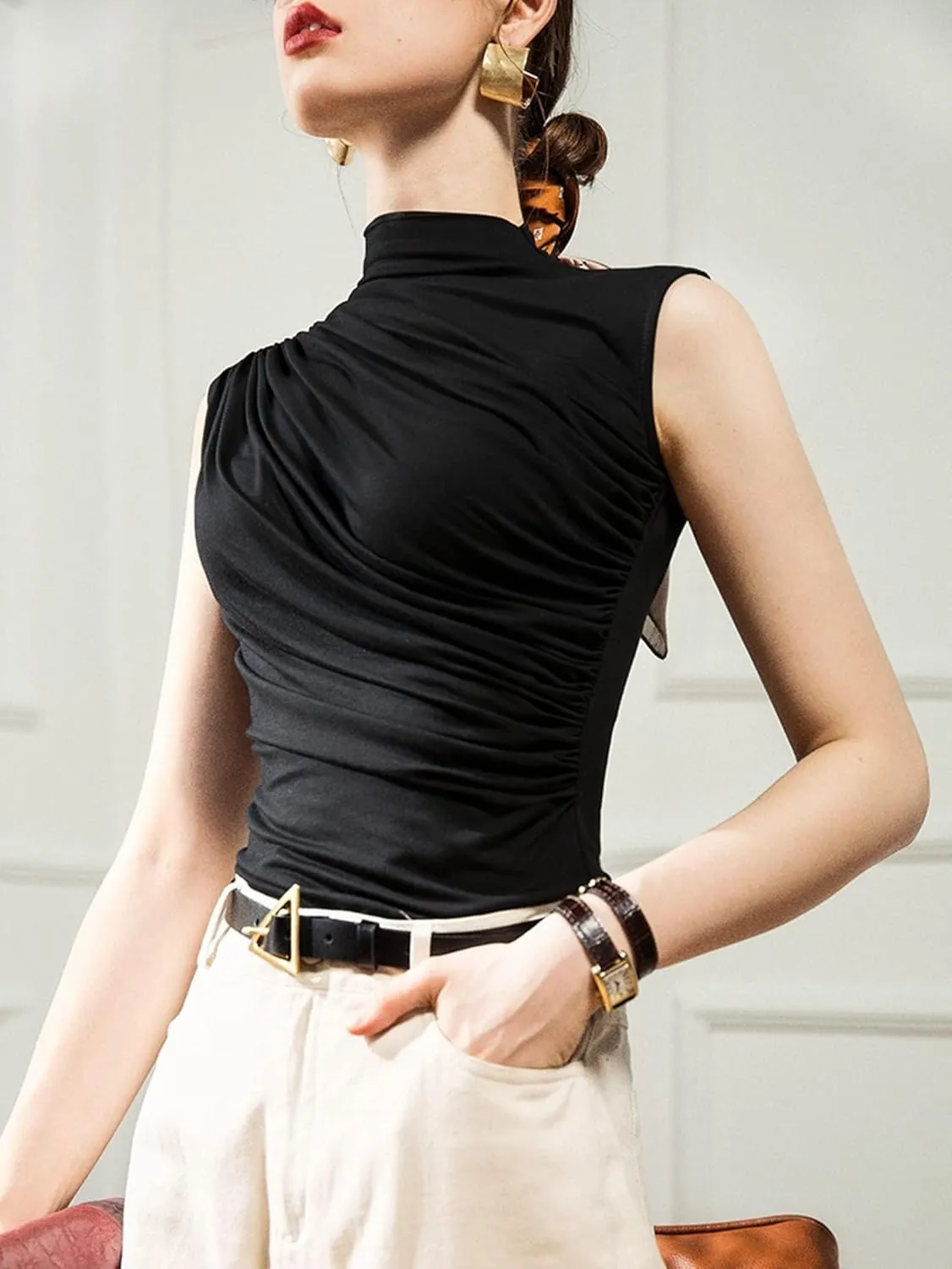 Avanova Women Fitted Sleeveless Ruched Tank Top Shirt Mock Turtleneck Blouses