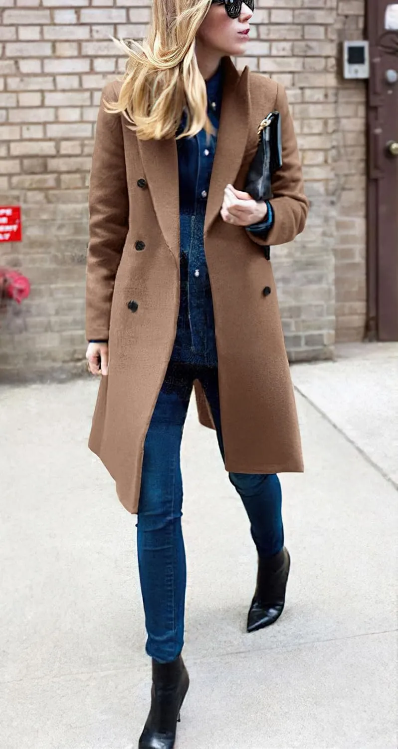 chouyatou Women's Basic Designed Notch Lapel Double Breasted Mid-Long Wool Pea Coat