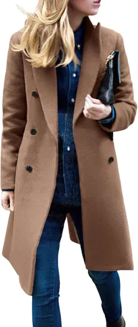 chouyatou Women's Basic Designed Notch Lapel Double Breasted Mid-Long Wool Pea Coat