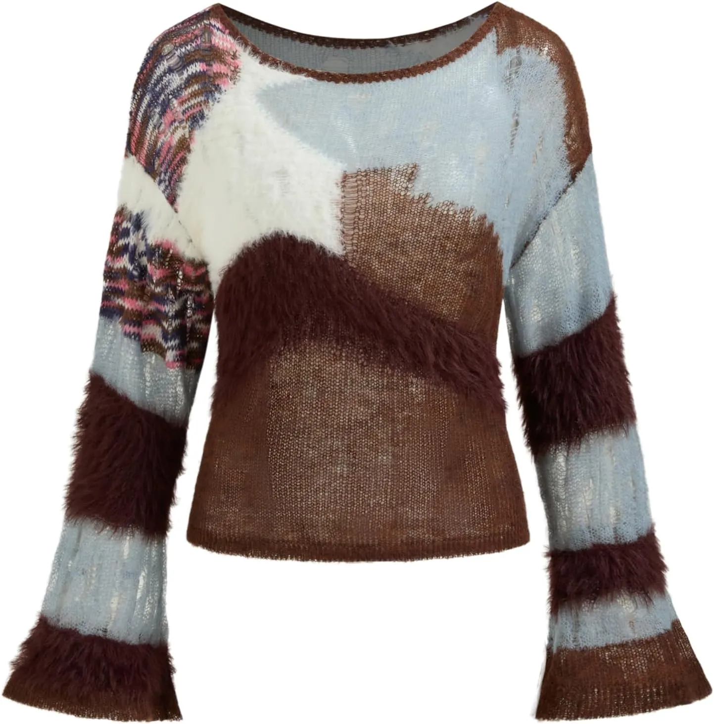 CIDER Womens Wool Color Block Sweater Knitted Boat Neck Bell Sleeve Pullover Sweatshirt Tops