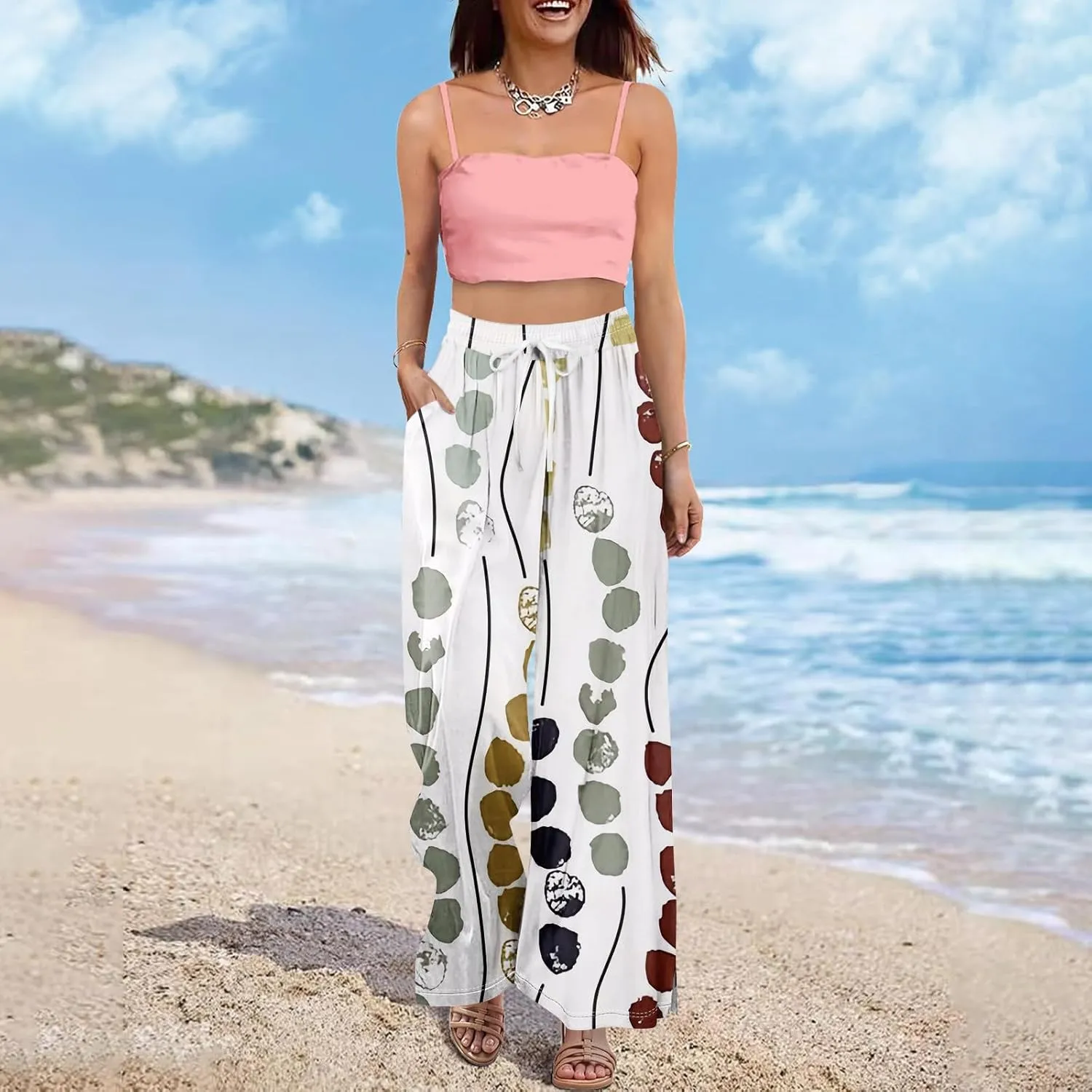 Dress Pants Women Petite High Waisted Wide Leg Summer Beach Vacation Women's Pants Boho Lounge Casual Palazzo Trousers