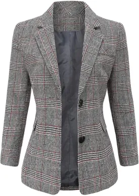 ebossy Women's Notch Lapel 2 Button Boyfriend Blazer Suit Houndstooth Plaid Jacket Coat