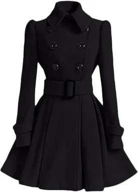 Fashion Swing Double Breasted Wool Pea Coat with Belt Thick Wool Trench Coat Jacket