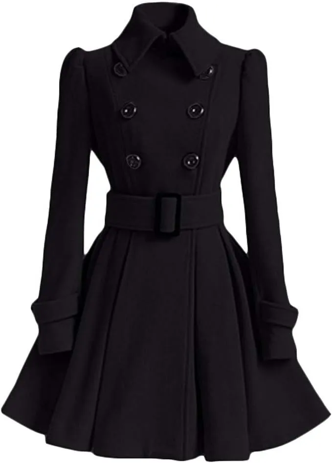 Fashion Swing Double Breasted Wool Pea Coat with Belt Thick Wool Trench Coat Jacket