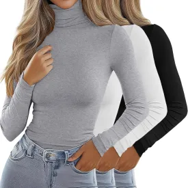Ficerd 3 Pack Women's Turtleneck Tops, Long Sleeve Casual T-Shirts Slim Fitted Underwear Tops Thermal Base Layer Undershirts
