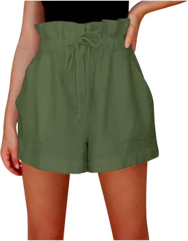 HGps8w Paperbag Shorts for Women Cotton Linen Casual Elastic Waist Drawstring Shorts Comfy Baggy Lounge Shorts with Pockets