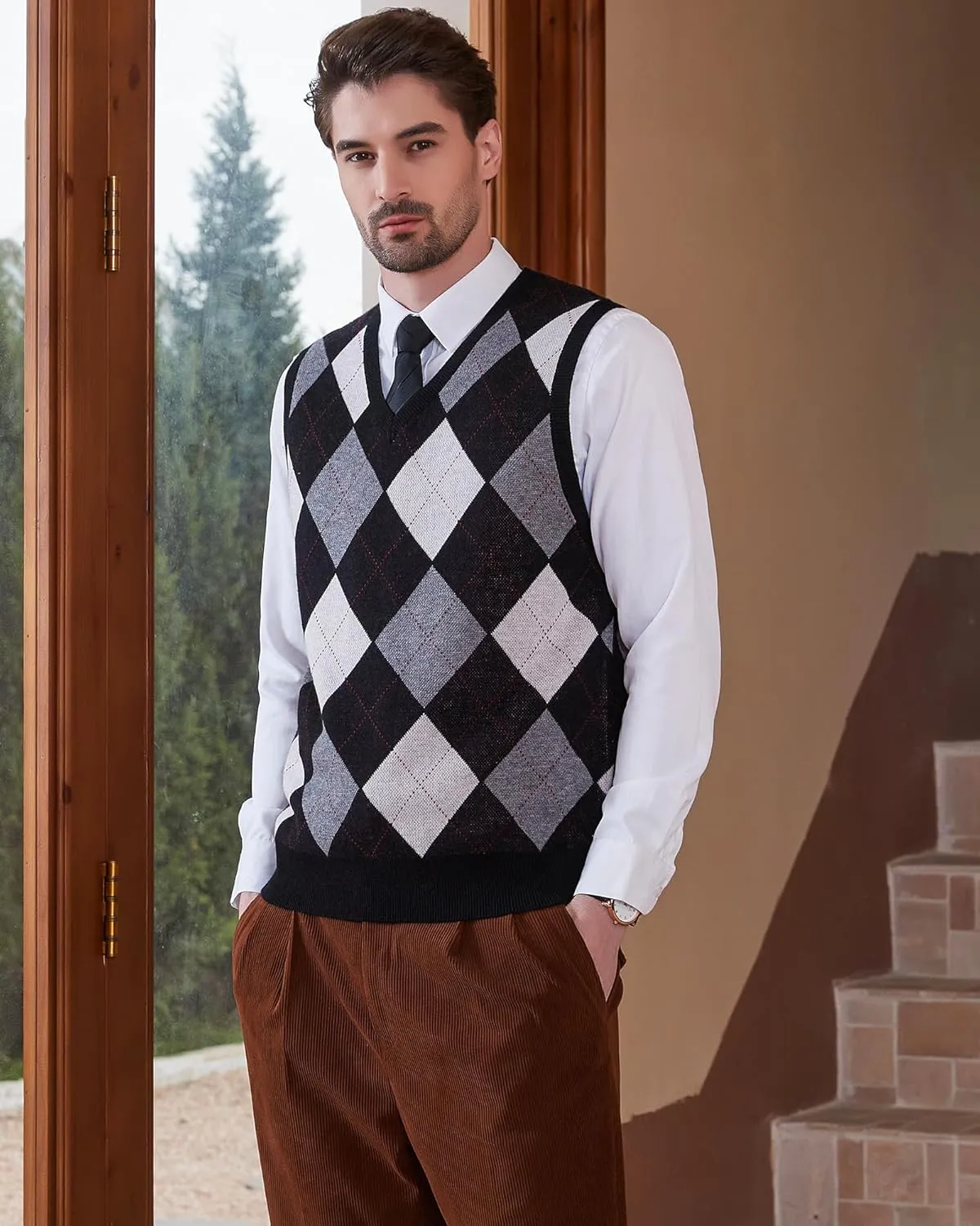 Kallspin Men's Argyle Vest Sweater Wool Blend V-Neck Sleeveless Pullover Sweater