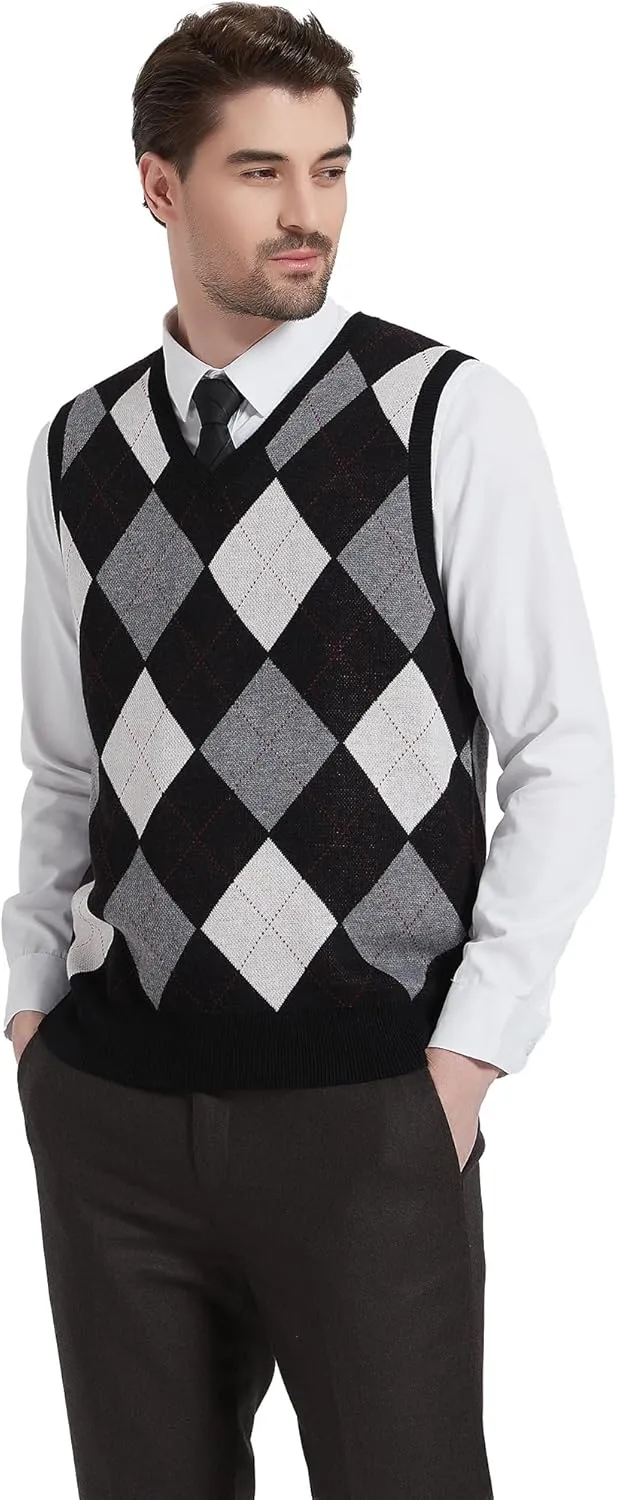 Kallspin Men's Argyle Vest Sweater Wool Blend V-Neck Sleeveless Pullover Sweater