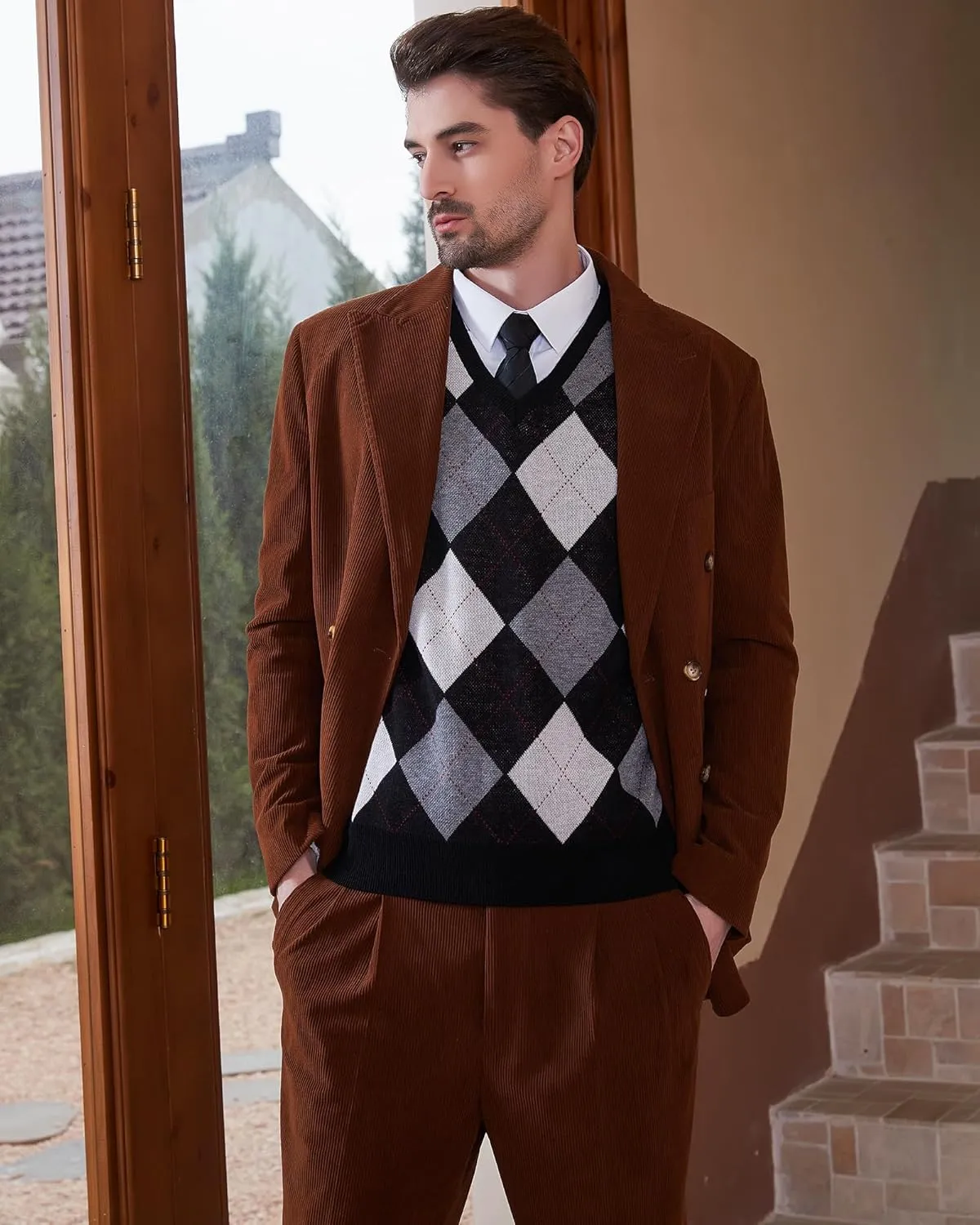 Kallspin Men's Argyle Vest Sweater Wool Blend V-Neck Sleeveless Pullover Sweater