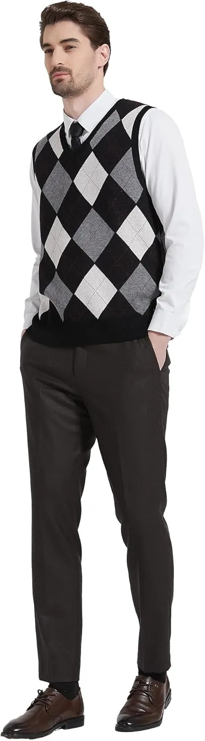 Kallspin Men's Argyle Vest Sweater Wool Blend V-Neck Sleeveless Pullover Sweater