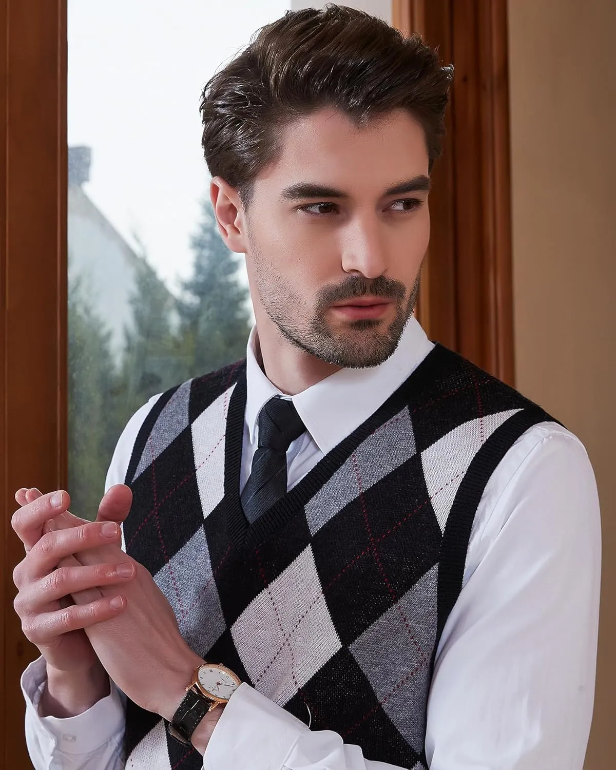 Kallspin Men's Argyle Vest Sweater Wool Blend V-Neck Sleeveless Pullover Sweater