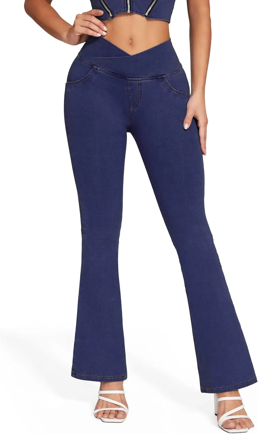 KIWI RATA Flare Jeans for Women, Tummy Control High Waisted Stretchy Pants, Trendy Crossover Bell Bottom Jeans