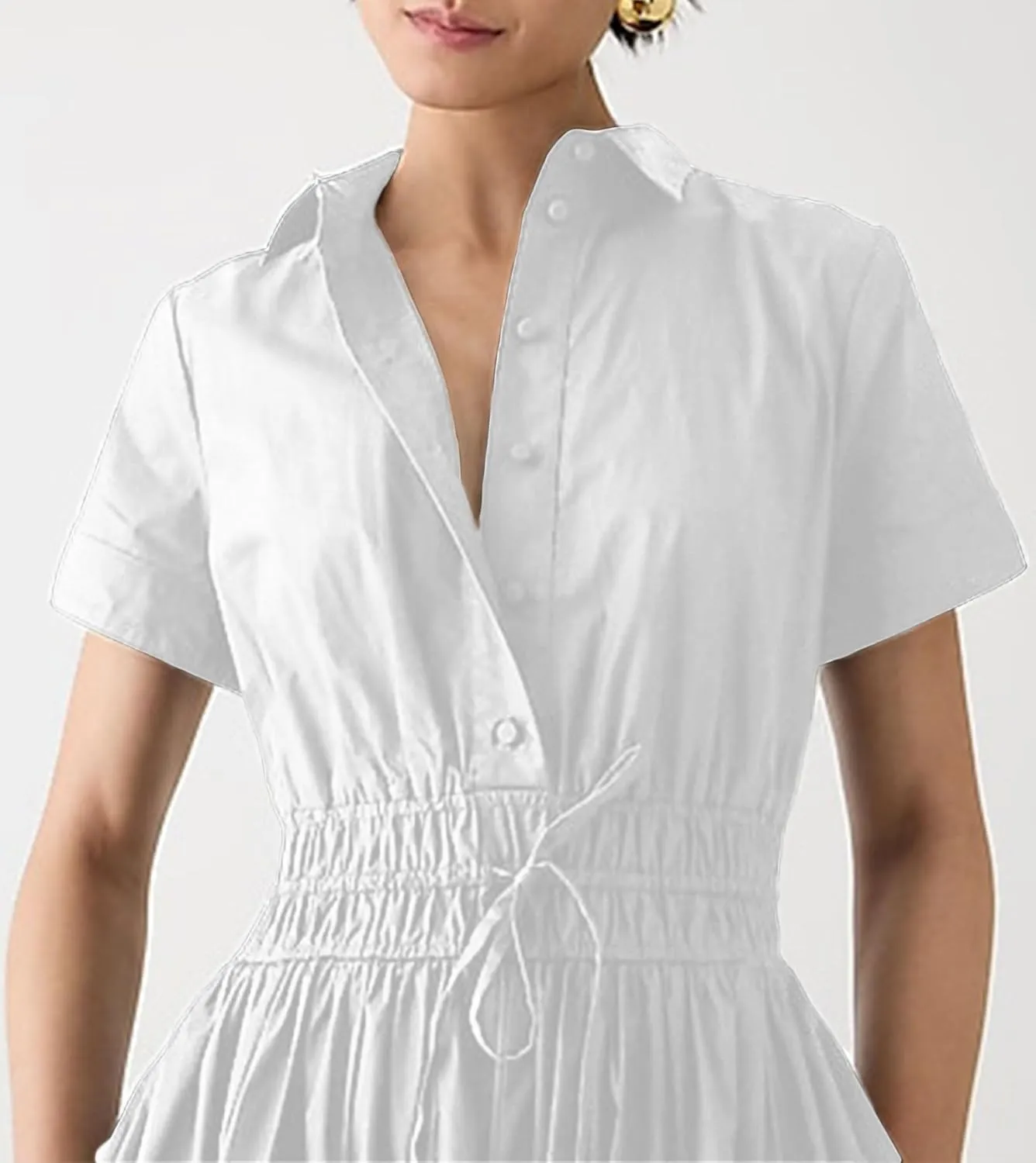 Ladyful Women Casual Button Down Short Sleeve Shirt Dress Tie Waist Midi Shirt Dress Elegant Business Party
