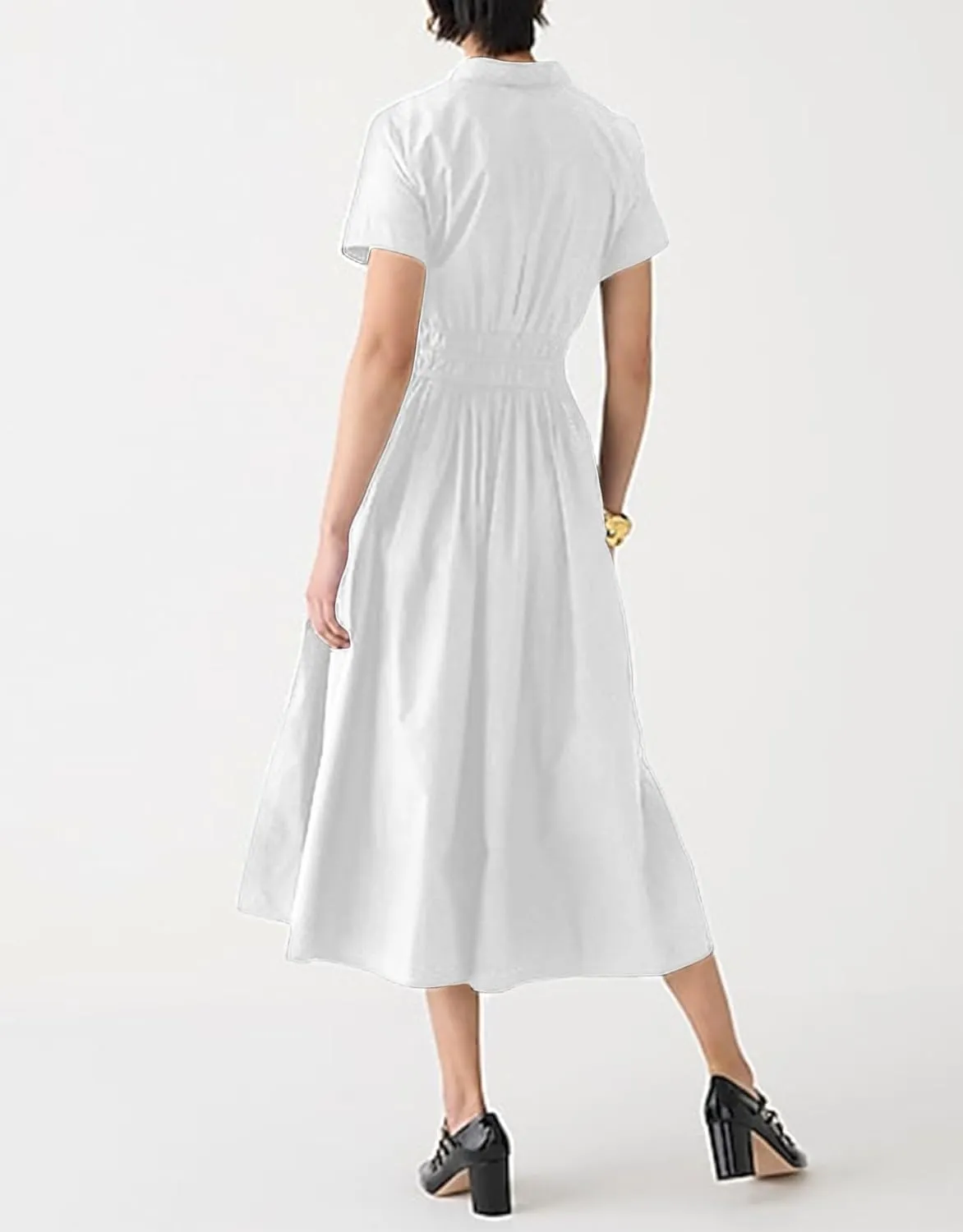Ladyful Women Casual Button Down Short Sleeve Shirt Dress Tie Waist Midi Shirt Dress Elegant Business Party