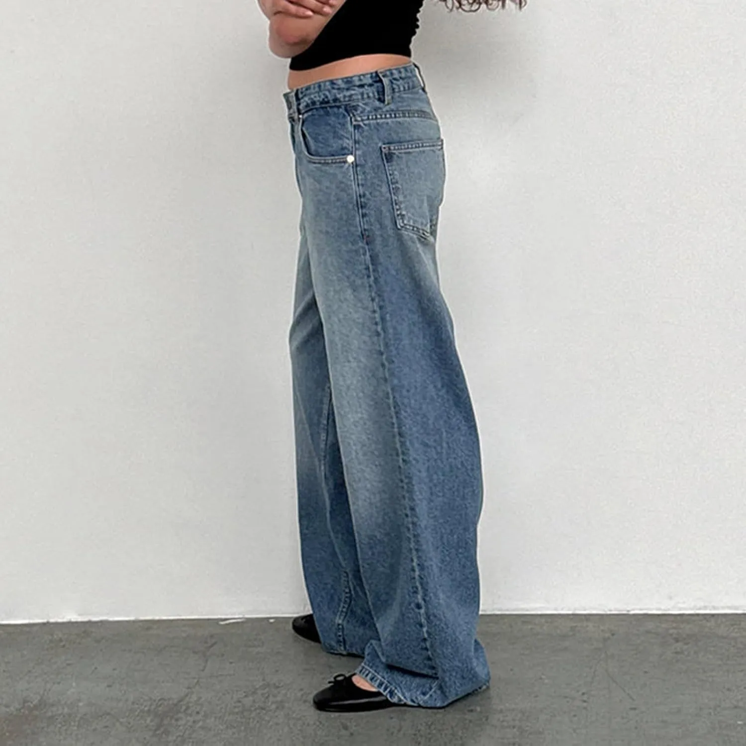 Low Rise Baggy Jeans for Woman Y2k Wide Leg Loose Fit Boyfriend Jeans Trendy Straight Leg Denim Pants with Pockets