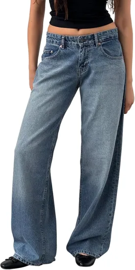 Low Rise Baggy Jeans for Woman Y2k Wide Leg Loose Fit Boyfriend Jeans Trendy Straight Leg Denim Pants with Pockets