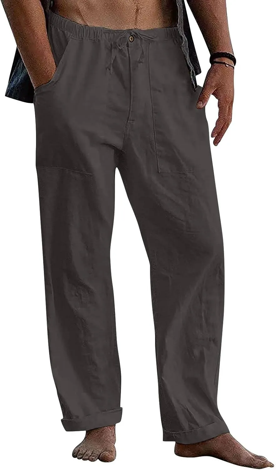 Mens Casual Linen Pants Loose Fit Wide Leg Pants Elastic Drawstring Waist Straight-Legs Summer Yoga Beach Long Pants