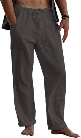 Mens Casual Linen Pants Loose Fit Wide Leg Pants Elastic Drawstring Waist Straight-Legs Summer Yoga Beach Long Pants