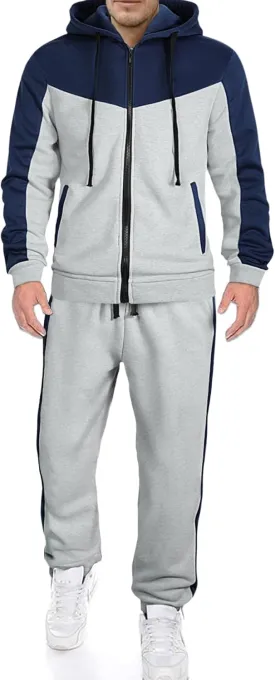 Men's Color Blocked Hoodie Long Sleeve 2 Piece Set Loose Casual Adjustable Hoodie Loose Pants Sports Set