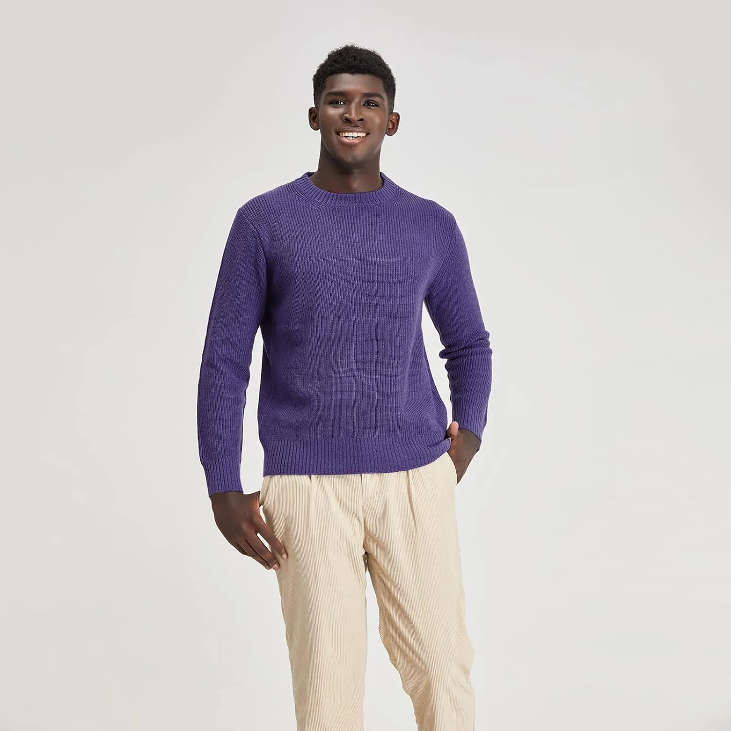 Men's Polyana Cashmere Essentials Crewneck Pullover Waffle Sweater Ribbed Knit with Long Sleeve