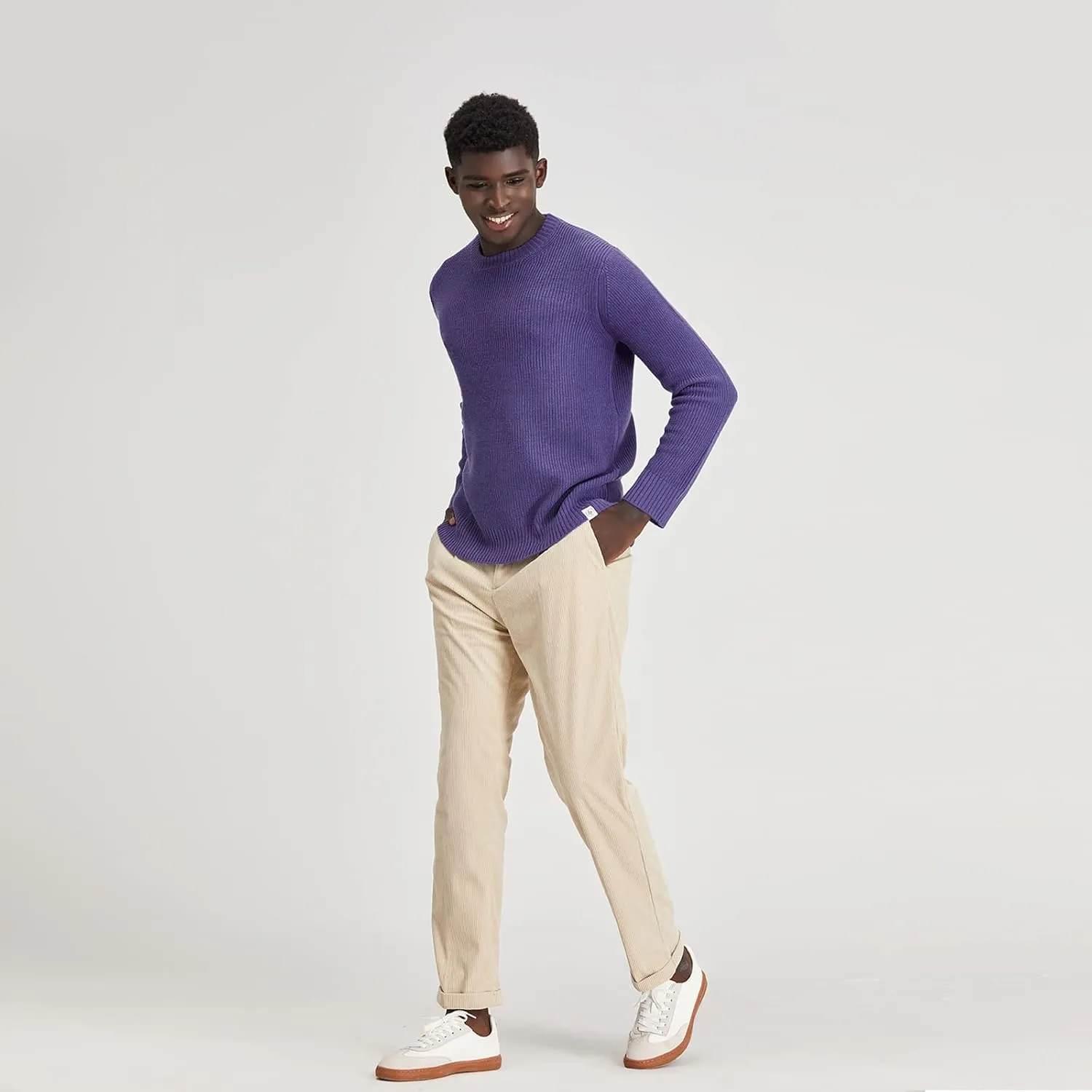 Men's Polyana Cashmere Essentials Crewneck Pullover Waffle Sweater Ribbed Knit with Long Sleeve