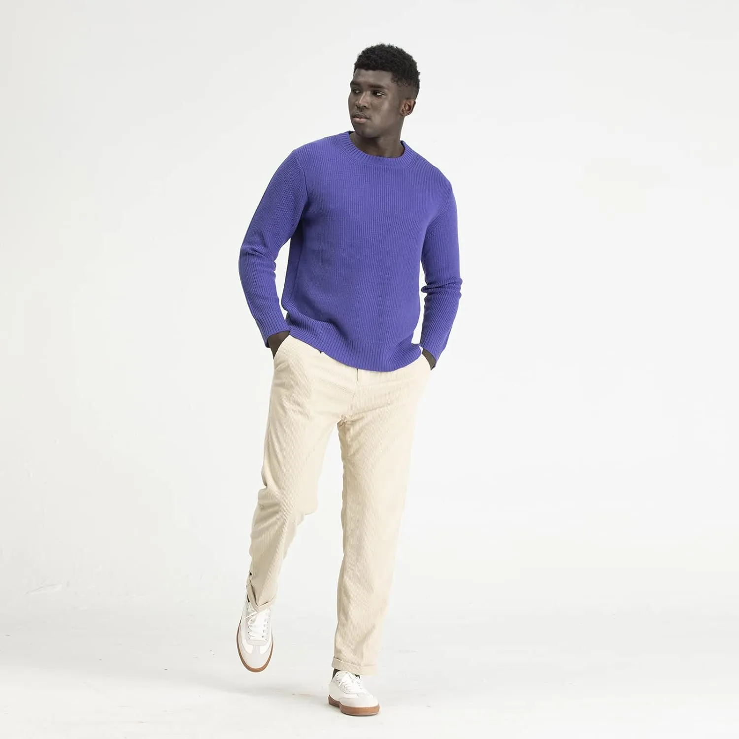 Men's Polyana Cashmere Essentials Crewneck Pullover Waffle Sweater Ribbed Knit with Long Sleeve