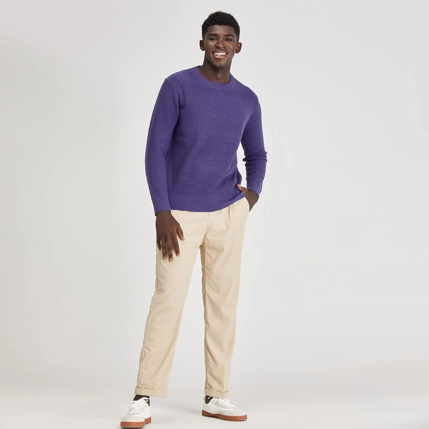 Men's Polyana Cashmere Essentials Crewneck Pullover Waffle Sweater Ribbed Knit with Long Sleeve