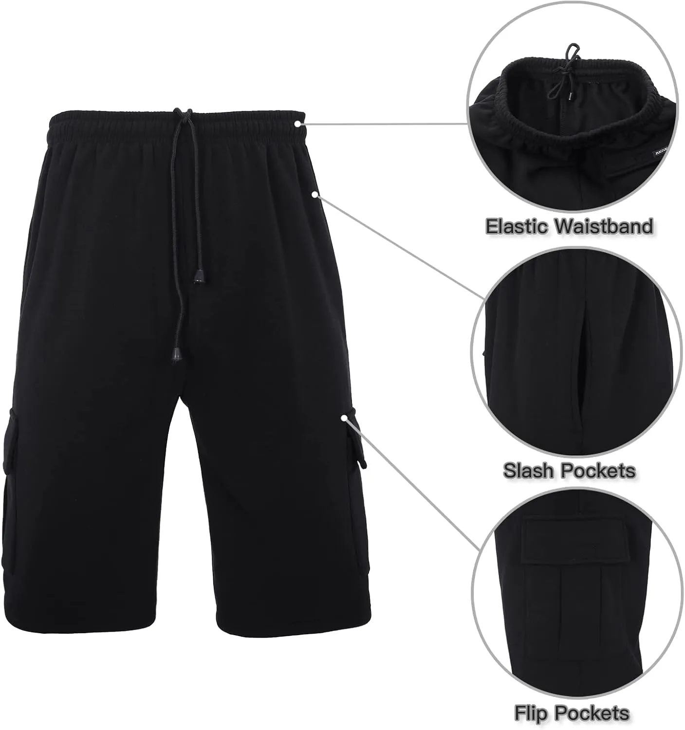 Men's Sweat Shorts Below The Knee Fleece Cargo Shorts Elastic Waist Workout Jogger Sweatpant Shorts with Pockets