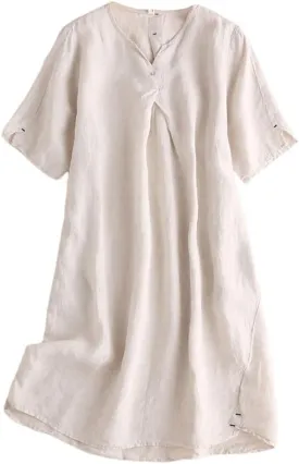 Minibee Women's Summer T Shirt Dress V Neck Linen Casual Tunic Short Sleeve Boho Flowy Sun Dresses