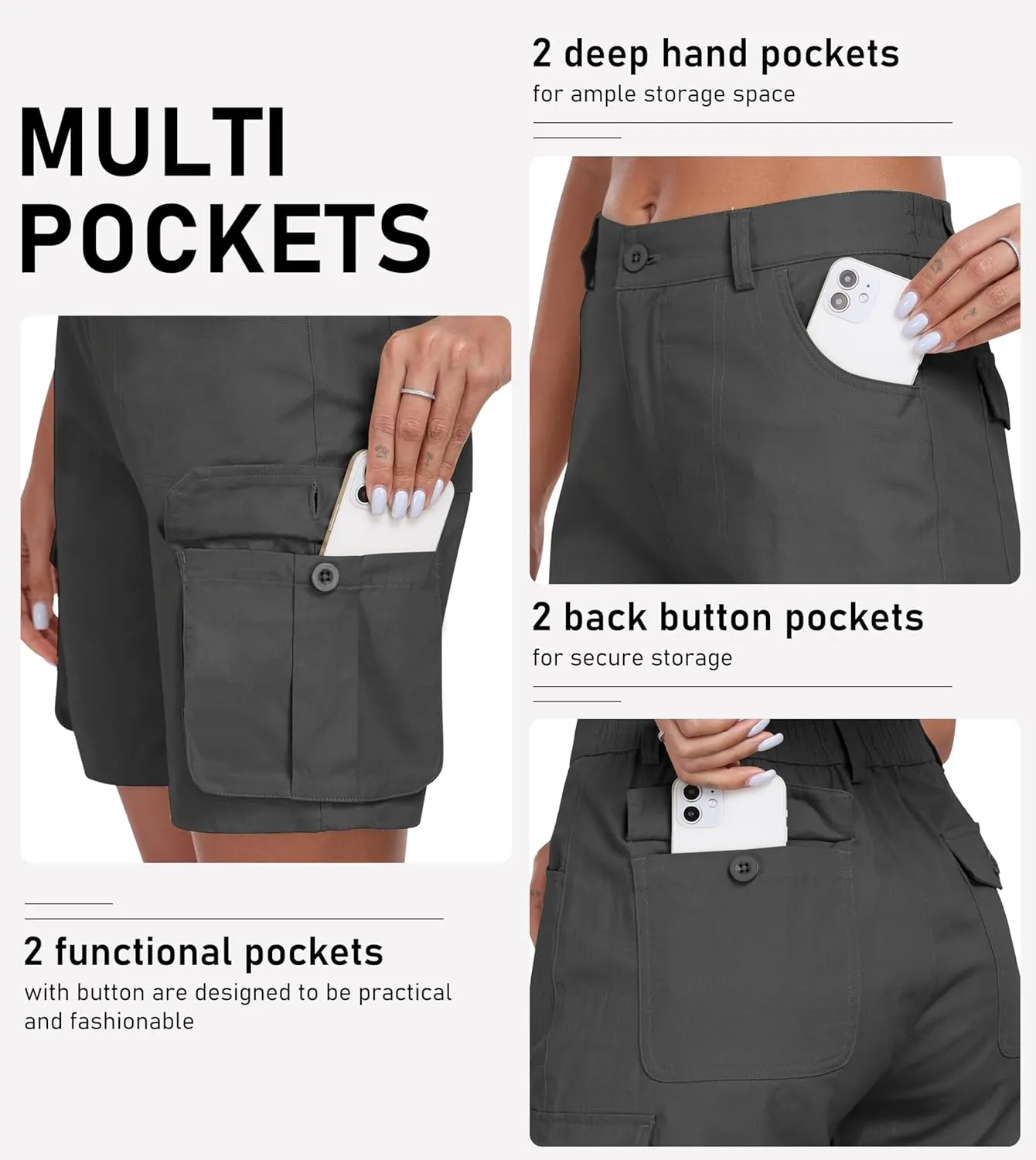 MoFiz Women's Cargo Shorts Bermuda Shorts Button Pockets Elastic Waist Knee Length Long Hiking Casual Shorts for Summer