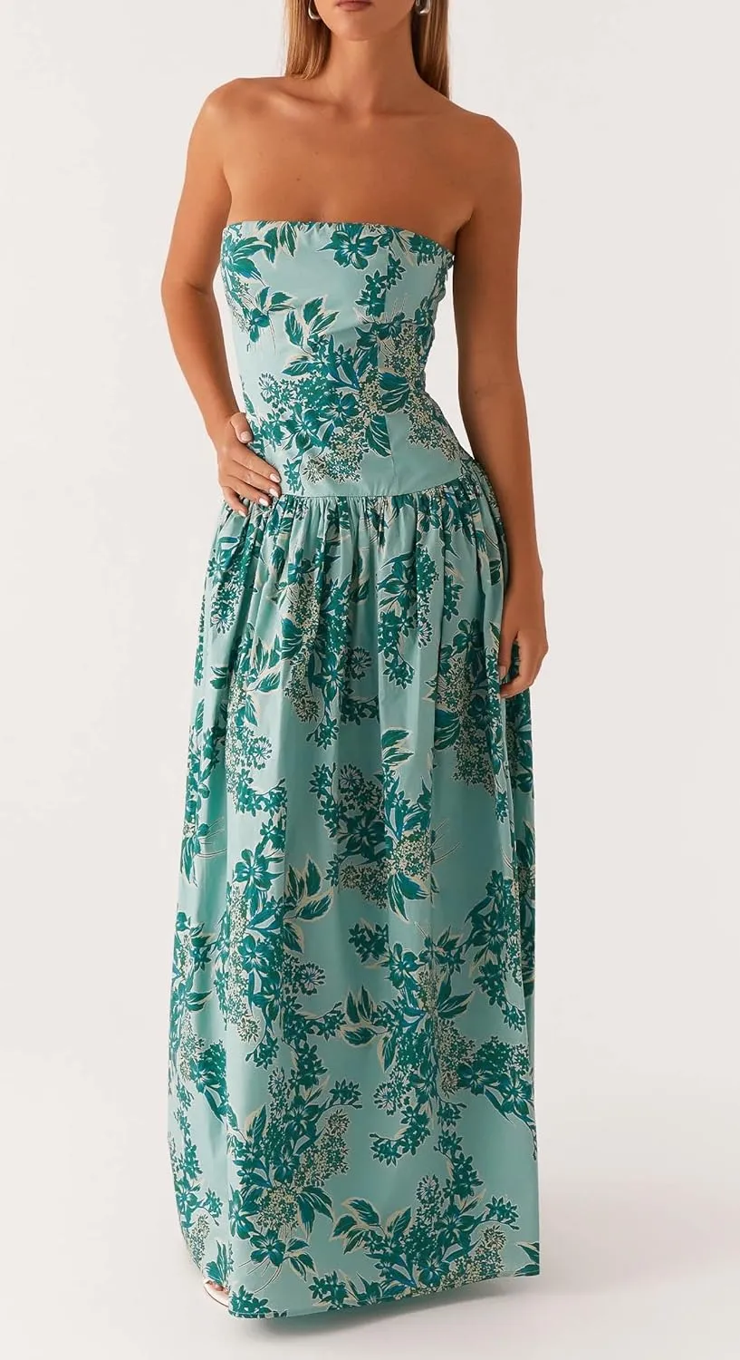 NUFIWI Women Ruched Tube Long Dress Sleeveless Bodice Top Maxi Dress Elegant Strapless A Line Summer Dresses