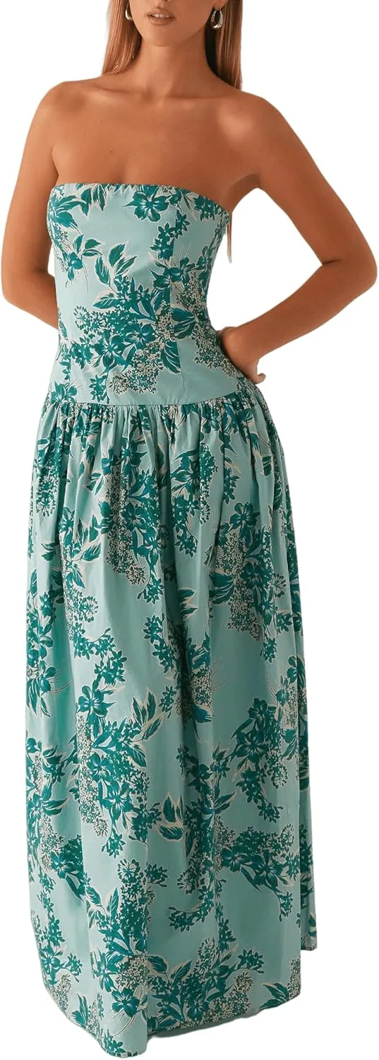 NUFIWI Women Ruched Tube Long Dress Sleeveless Bodice Top Maxi Dress Elegant Strapless A Line Summer Dresses