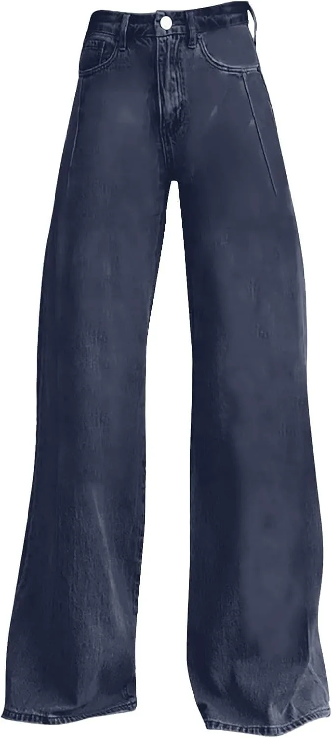 Oplxuo Wide Leg Pants for Women Trendy High Waisted Flare Jeans Stretchy Baggy Denim Pants with 2 Pockets