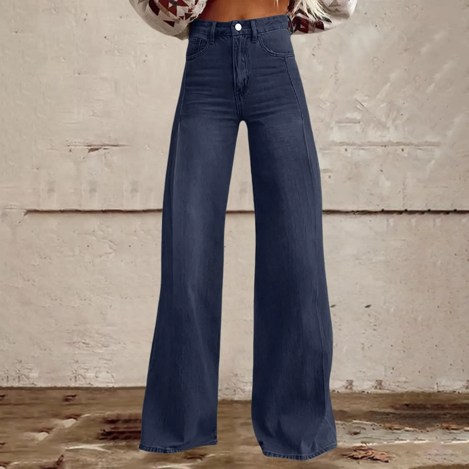 Oplxuo Wide Leg Pants for Women Trendy High Waisted Flare Jeans Stretchy Baggy Denim Pants with 2 Pockets