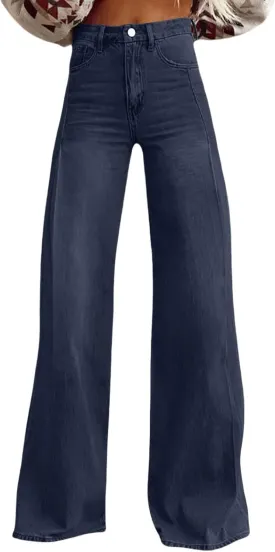 Oplxuo Wide Leg Pants for Women Trendy High Waisted Flare Jeans Stretchy Baggy Denim Pants with 2 Pockets