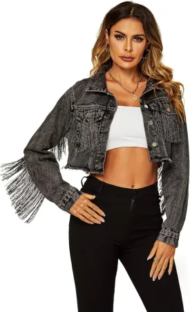 PEHMEA Women's Fringe Denim Jacket Frayed Hem Ripped Button Down Cropped Jean Jacket
