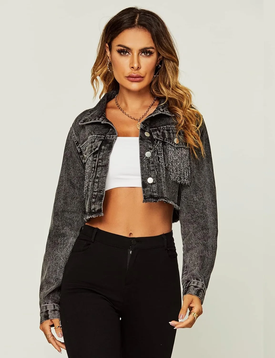 PEHMEA Women's Fringe Denim Jacket Frayed Hem Ripped Button Down Cropped Jean Jacket
